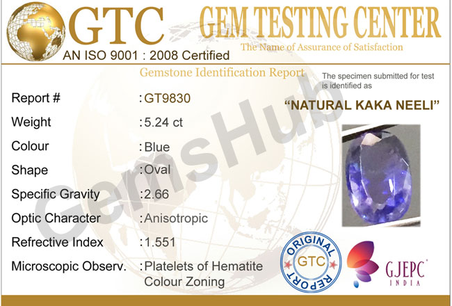 Natural Kaka Neeli Stone 5.24 ct